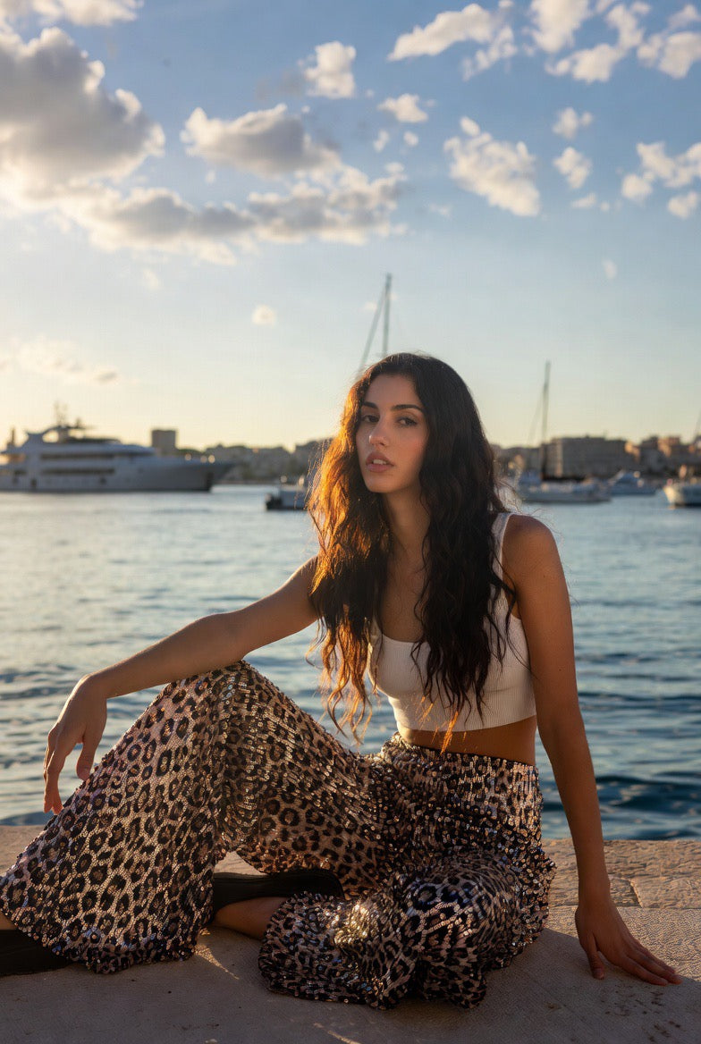Pantaloni Palazzo a Vita Alta con Stampa Leopardata
