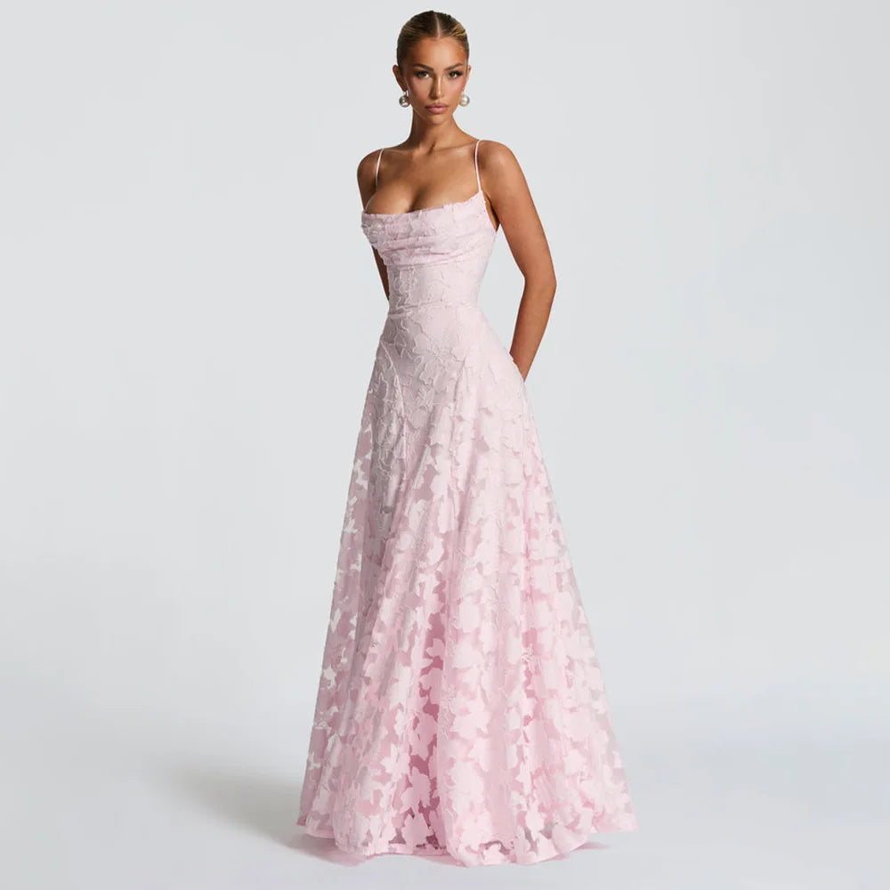 Burgundy Lace Cowl Neck Long Evening Dress