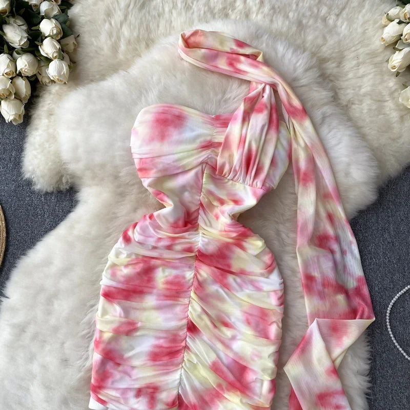 Mini Abito Halter Tie-Dye Aderente | Vestito da Sera Pieghettato Sexy