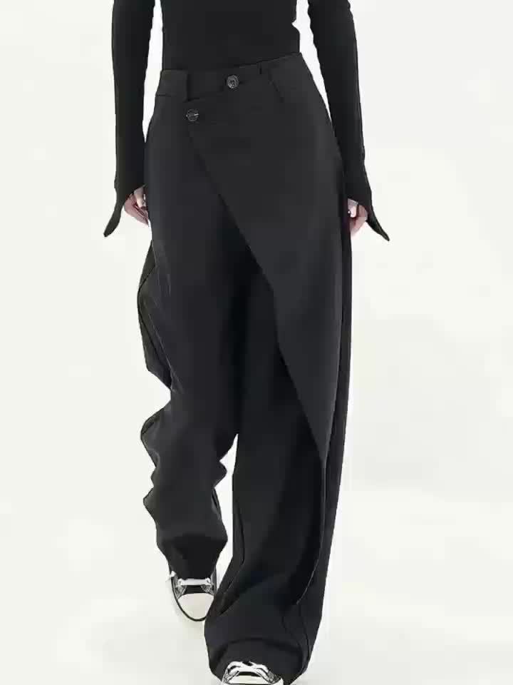 Pantaloni Donna a Gamba Larga con Chiusura Asimmetrica