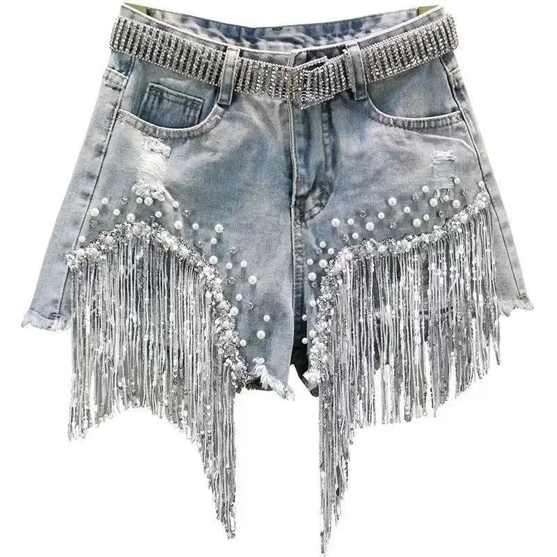 Shorts Jeans a Vita Alta con Frange di Strass e Perle. - Rosboutiquechic