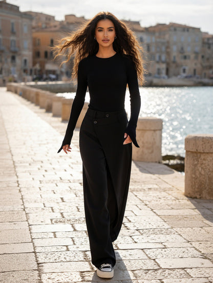 Pantaloni Donna a Gamba Larga con Chiusura Asimmetrica