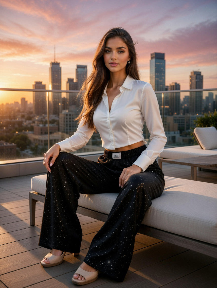 Pantaloni Wide Leg Donna Casual a Vita Media