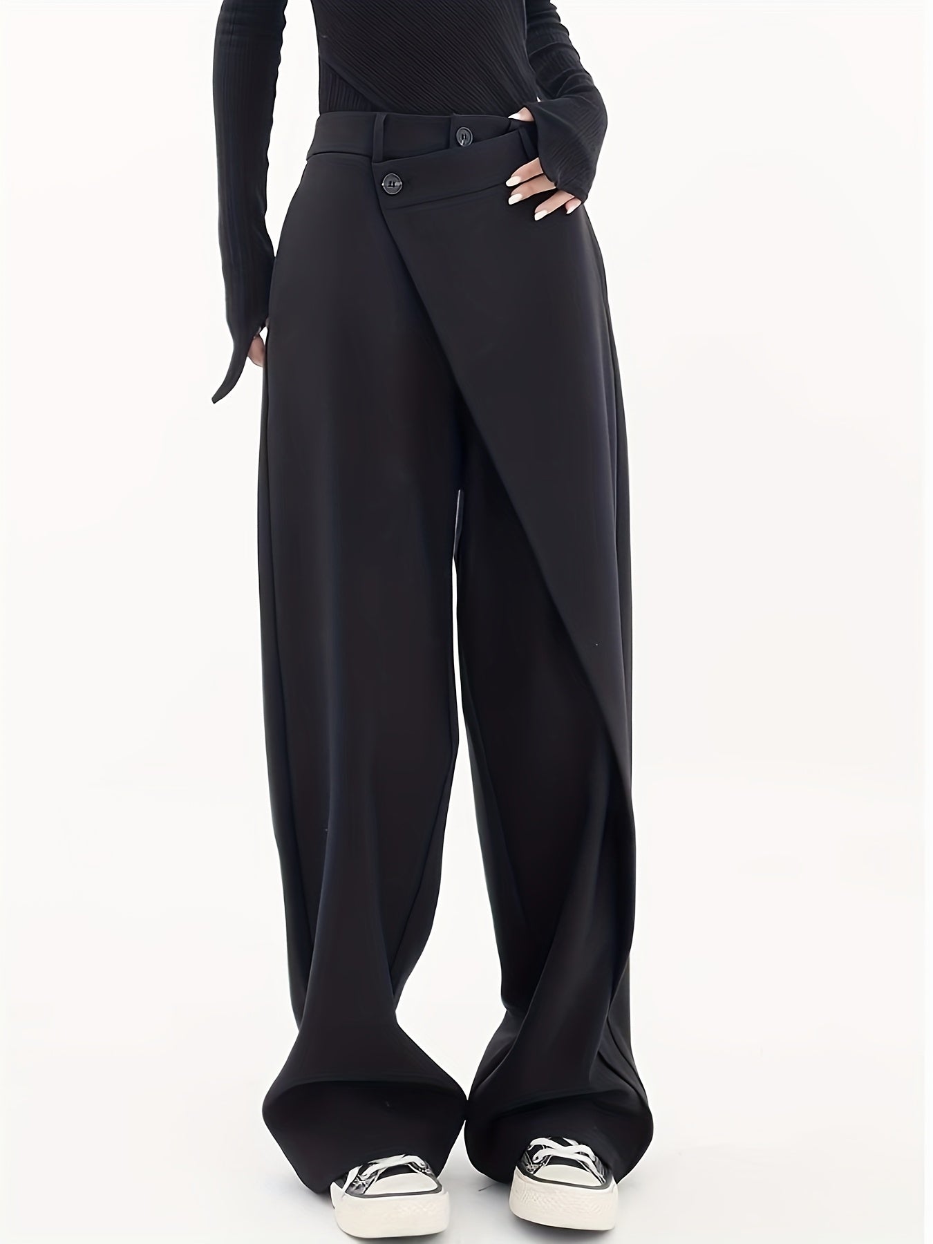 Pantaloni Donna a Gamba Larga con Chiusura Asimmetrica