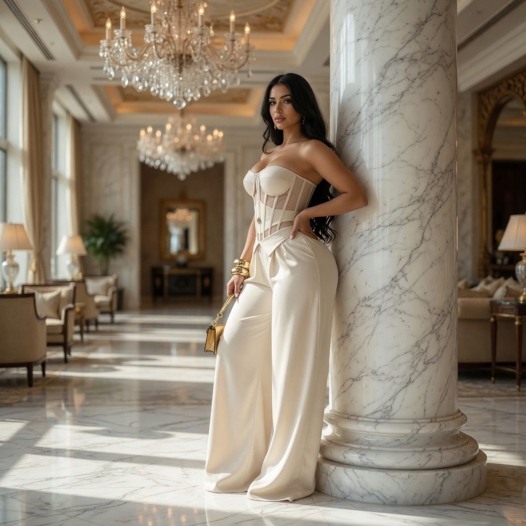 Completo Elegante Donna: Corsetto Bustier e Pantaloni a Gamba Larga
