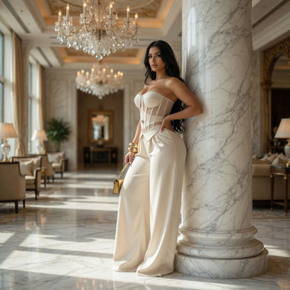 Completo Elegante Donna: Corsetto Bustier e Pantaloni a Gamba Larga