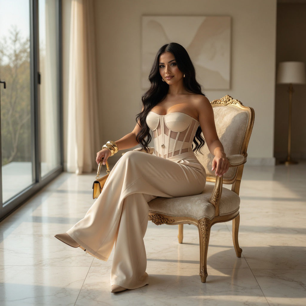 Completo Elegante Donna: Corsetto Bustier e Pantaloni a Gamba Larga
