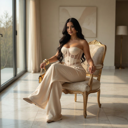 Completo Elegante Donna: Corsetto Bustier e Pantaloni a Gamba Larga