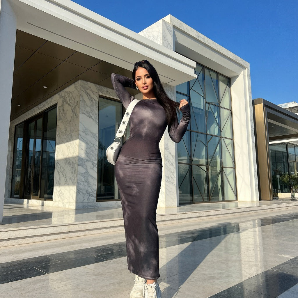 Abito Maxi Aderente in Mesh con Stampa Sfumata