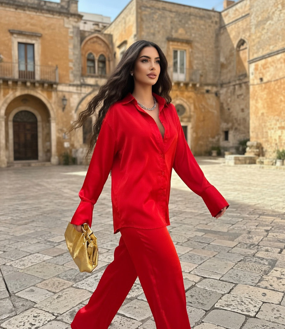 Completo Coordinato Satinato Donna: Camicia Oversize e Pantalone Largo