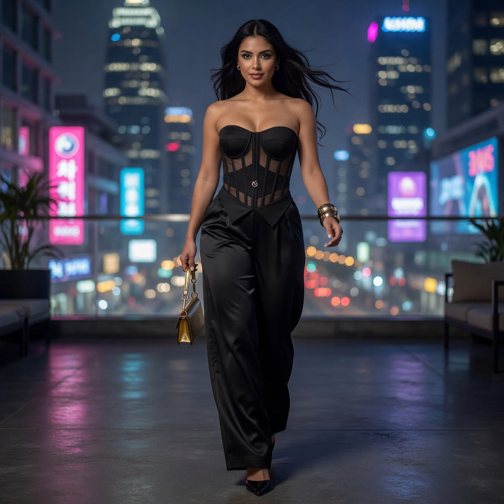 Completo Elegante Donna: Corsetto Bustier e Pantaloni a Gamba Larga