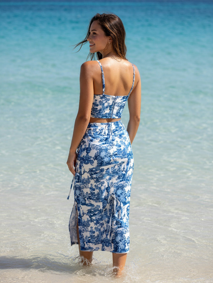 Crop Top a Bustino e Gonna Midi con Spacco Fantasia Floreale