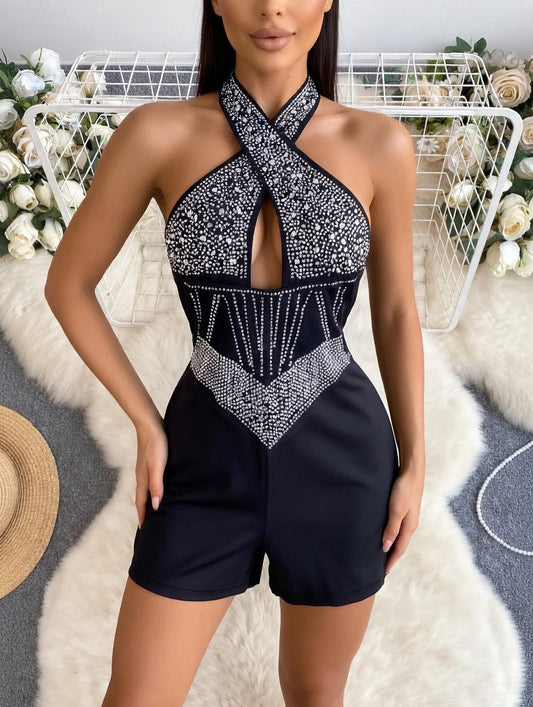 Tutina Corta con Strass e Scollo a Incrocio - Nero Elegante