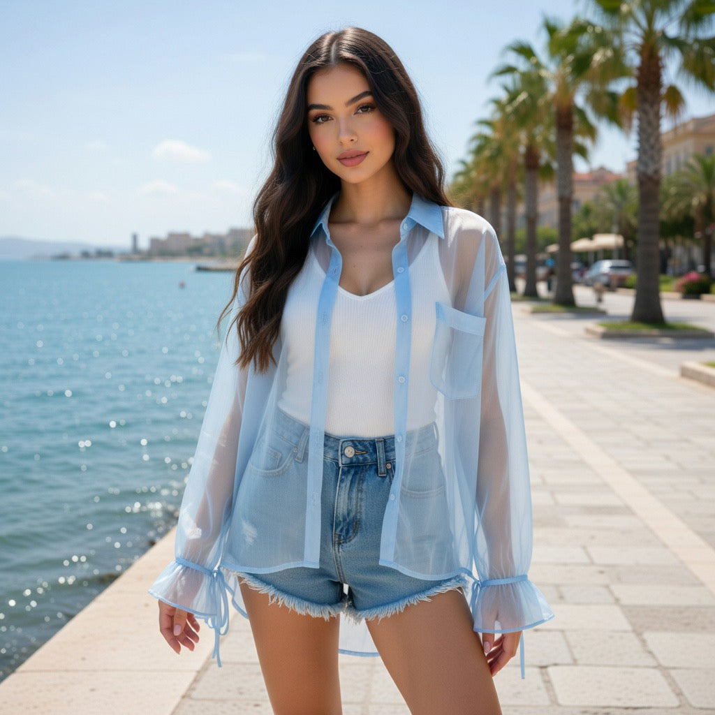 Camicia Oversize in Organza Trasparente con Polsini a Fiocco