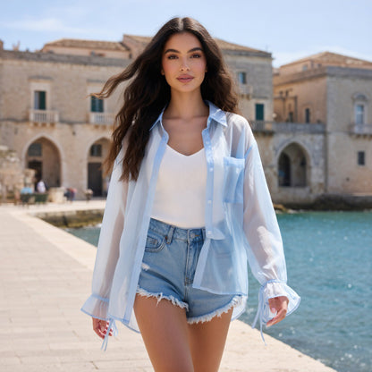 Camicia Oversize in Organza Trasparente con Polsini a Fiocco