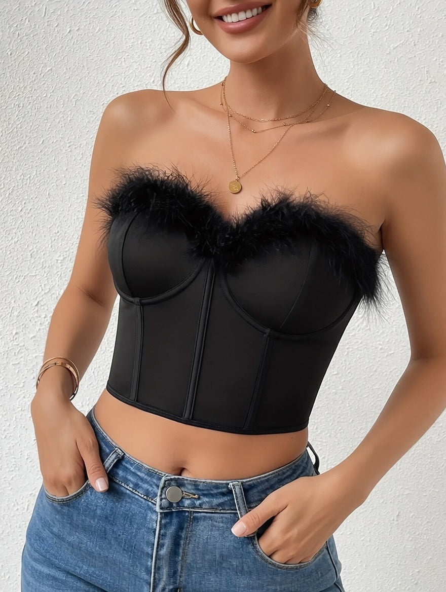 Crop Top Corsetto Nero con Bordo in Piume