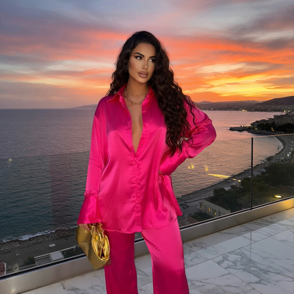 Completo Coordinato Satinato Donna: Camicia Oversize e Pantalone Largo