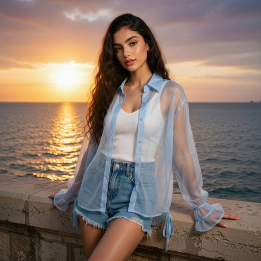Camicia Oversize in Organza Trasparente con Polsini a Fiocco