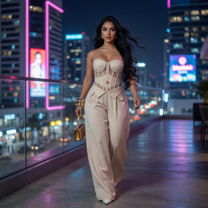 Completo Elegante Donna: Corsetto Bustier e Pantaloni a Gamba Larga