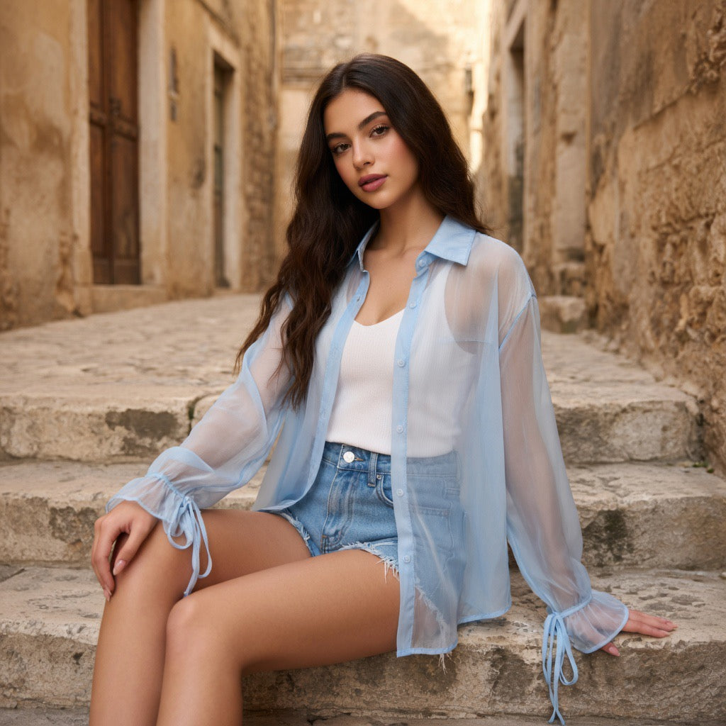Camicia Oversize in Organza Trasparente con Polsini a Fiocco