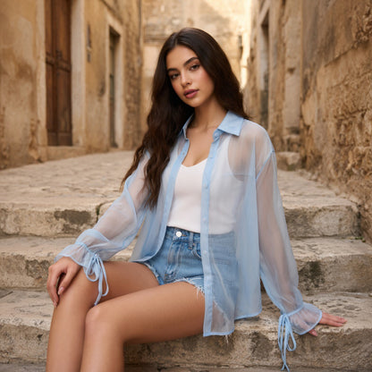 Camicia Oversize in Organza Trasparente con Polsini a Fiocco