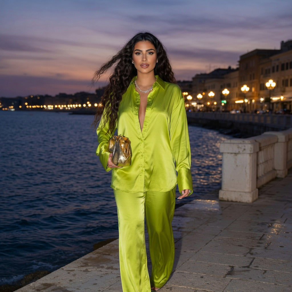 Completo Coordinato Satinato Donna: Camicia Oversize e Pantalone Largo