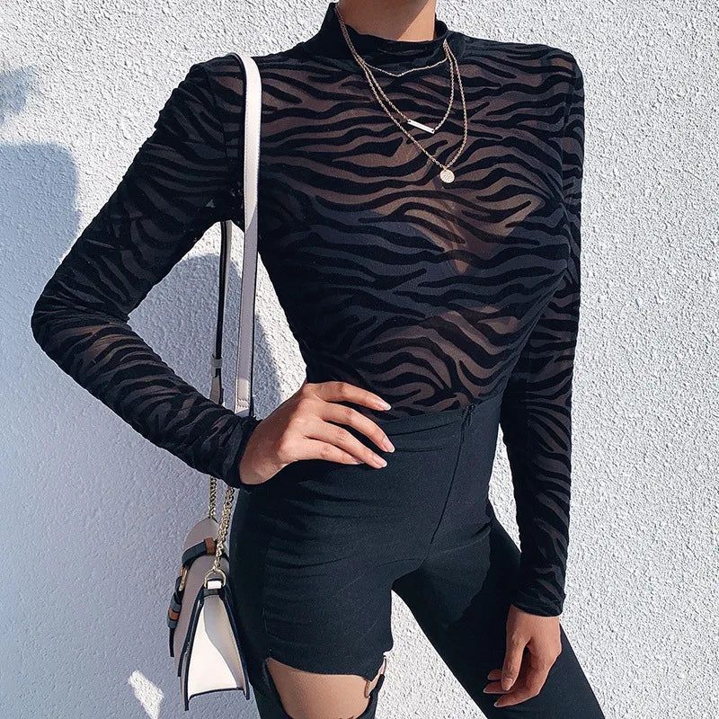 Body in Mesh Trasparente Zebrato a Maniche Lunghe