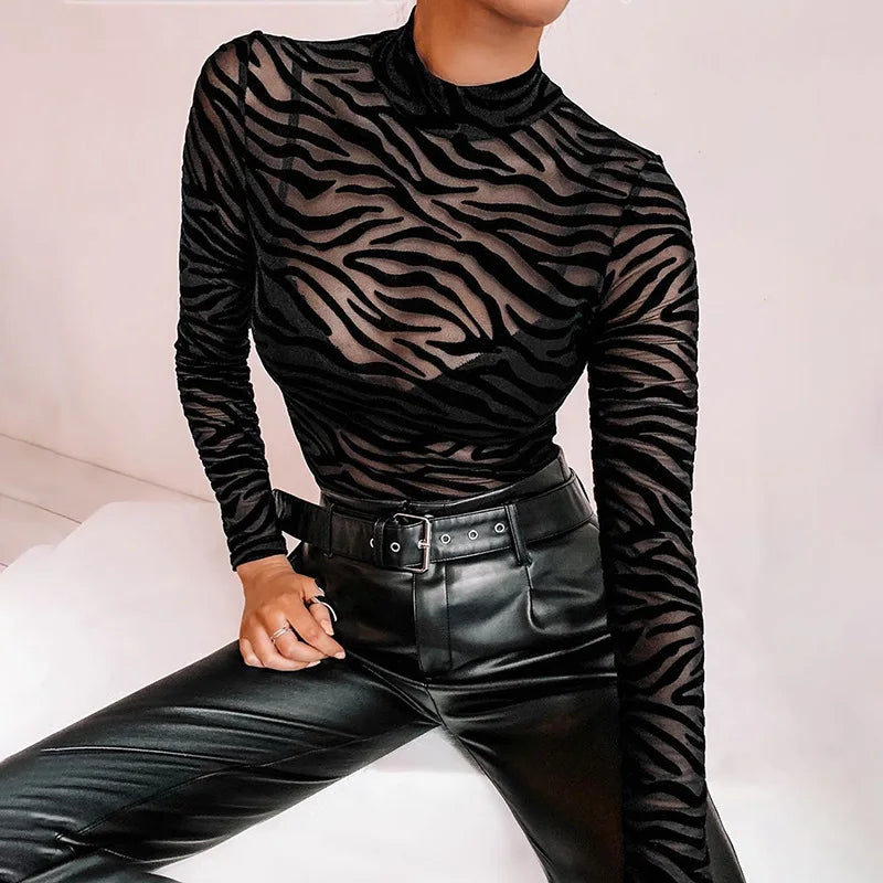Body in Mesh Trasparente Zebrato a Maniche Lunghe