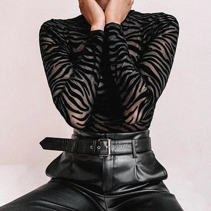 Body in Mesh Trasparente Zebrato a Maniche Lunghe