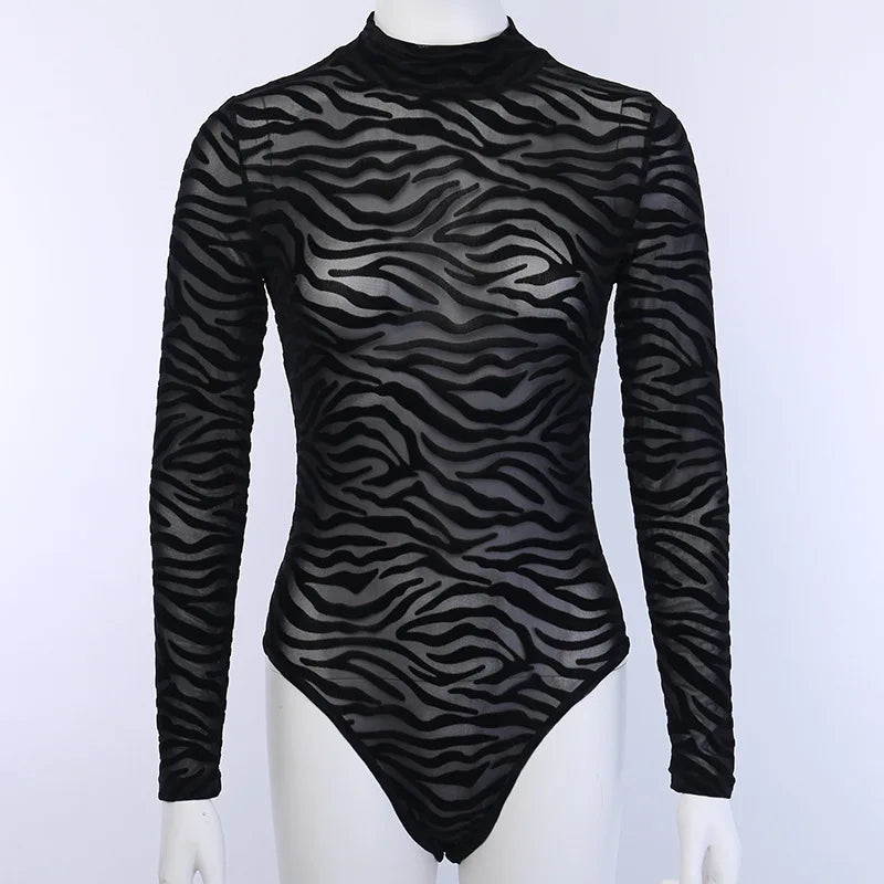 Body in Mesh Trasparente Zebrato a Maniche Lunghe