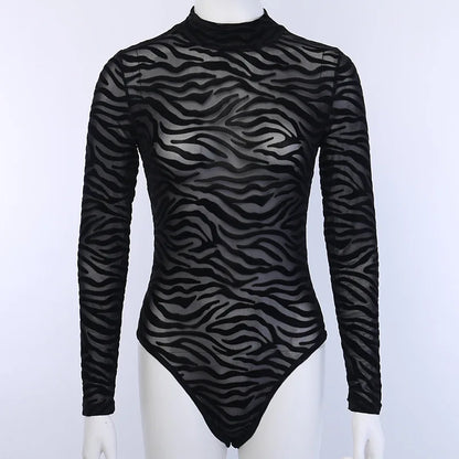Body in Mesh Trasparente Zebrato a Maniche Lunghe