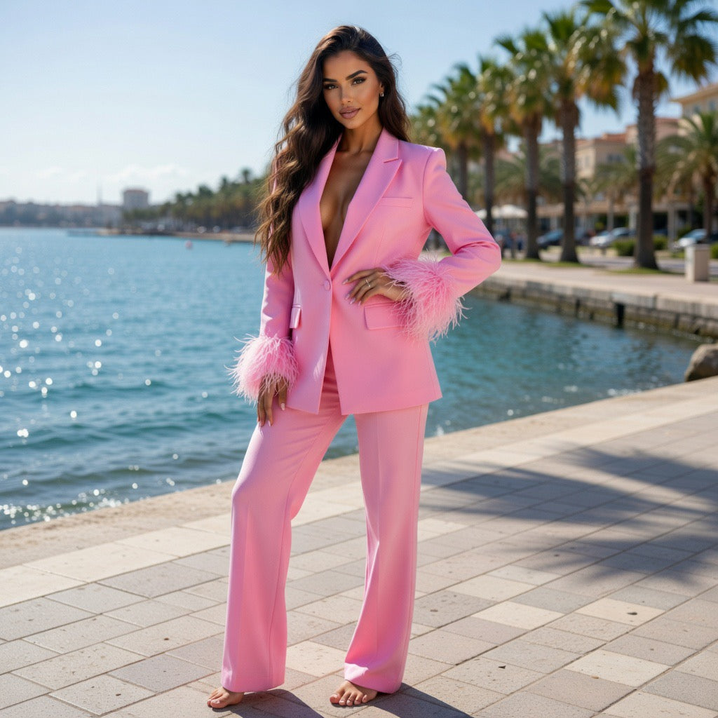 Coordinato Blazer e Pantalone Rosa Cipria con Piume