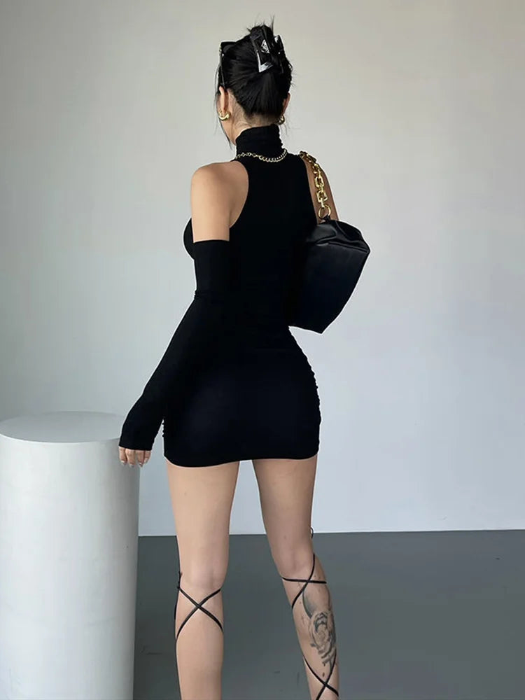 Vestito Corto Bodycon a Collo Alto con Maniche Staccabili e Guanti Coordinati