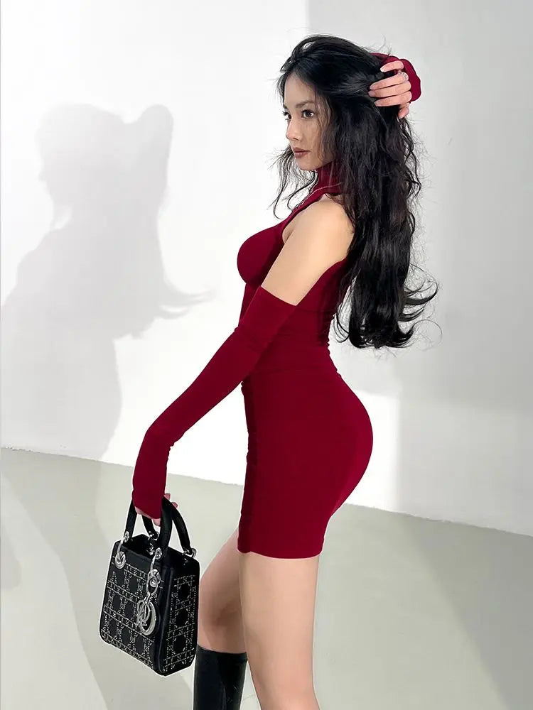 Vestito Corto Bodycon a Collo Alto con Maniche Staccabili e Guanti Coordinati