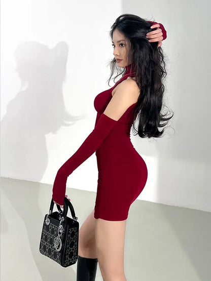Vestito Corto Bodycon a Collo Alto con Maniche Staccabili e Guanti Coordinati