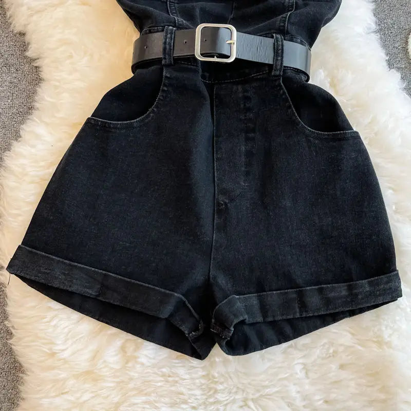 Tuta Corta in Denim Nero con Bustiér e Cintura