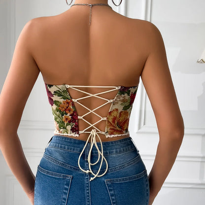 Top Corsetto Floreale con Stringhe Posteriori