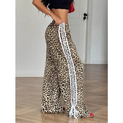Pantaloni Palazzo Y2K Leopardati con Bande Laterali e Stringhe