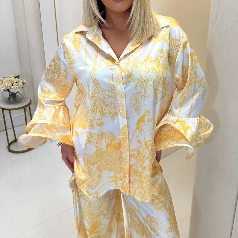 Completo Coordinato Camicia e Pantalone Palazzo Stampa Toile