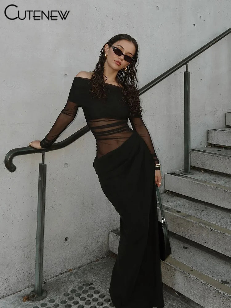Vestito Elegante da Sera con Spalle Scoperte e Dettaglio Mesh Trasparente