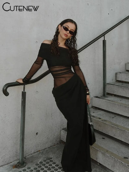 Vestito Elegante da Sera con Spalle Scoperte e Dettaglio Mesh Trasparente