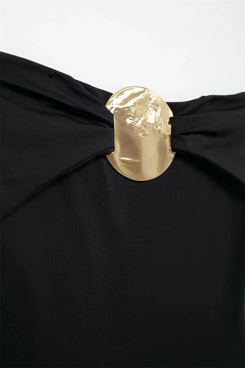 Body Donna a Fascia Nero con Dettaglio Gioiello