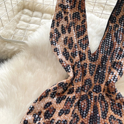 Abito Mini Leopardato con Paillettes - Scollo a V