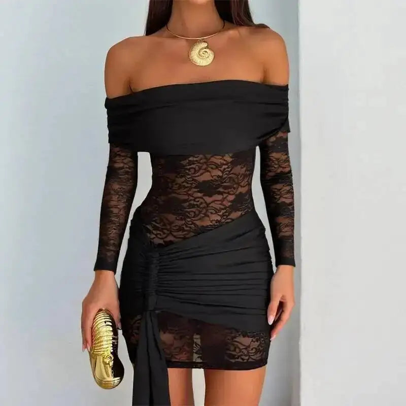 Abito Mini Drappeggiato con Inserto in Pizzo e Scollo a Barca