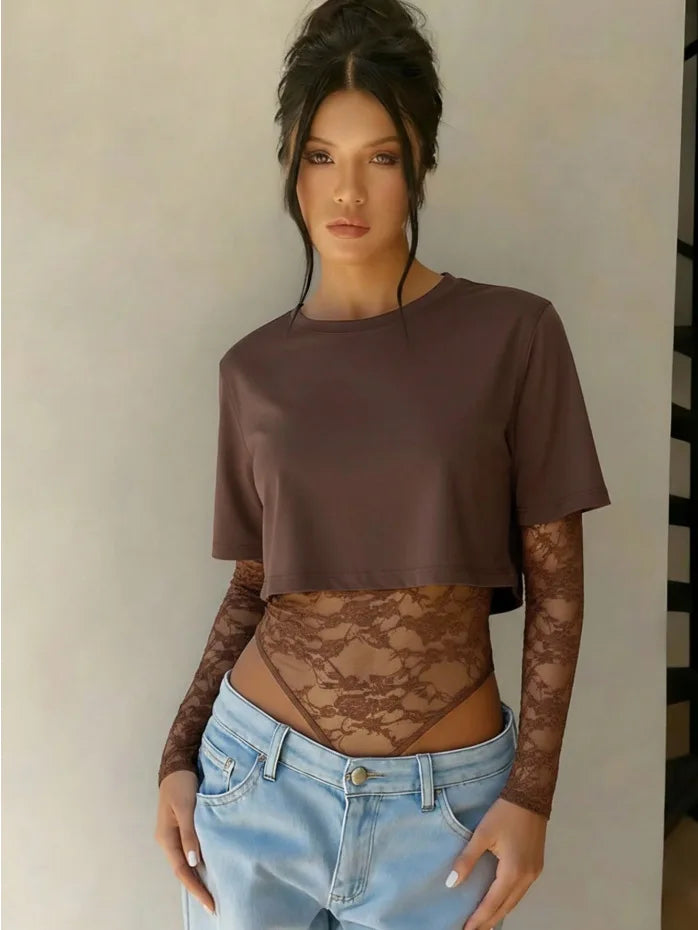 Body Crop Top a Due Strati con Maniche in Pizzo Floreale