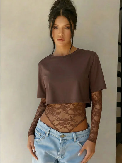 Body Crop Top a Due Strati con Maniche in Pizzo Floreale