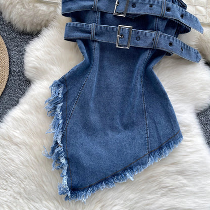 Top in Denim Asimmetrico con Fibbie e Bordi Sfrangiati