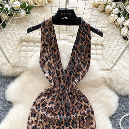 Abito Mini Leopardato con Paillettes - Scollo a V