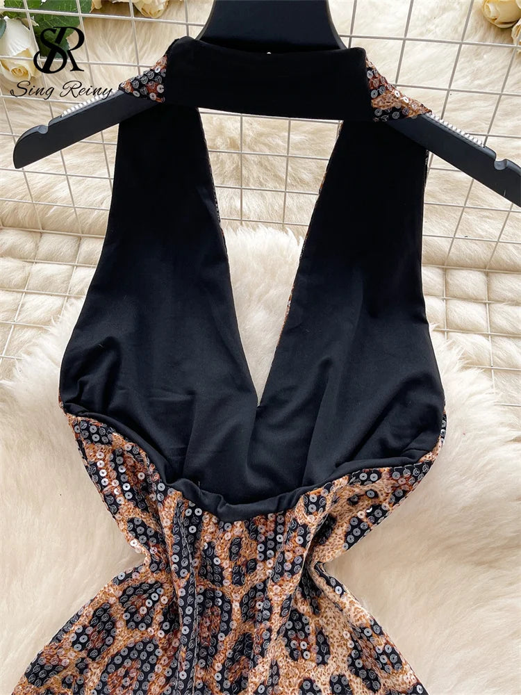 Abito Mini Leopardato con Paillettes - Scollo a V