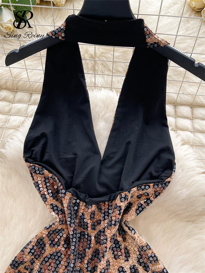 Abito Mini Leopardato con Paillettes - Scollo a V